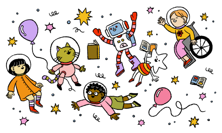 Illustration d'enfants divers et d'un robot flottant dans l'espace avec des étoiles, un ballon et des livres autour d'eux