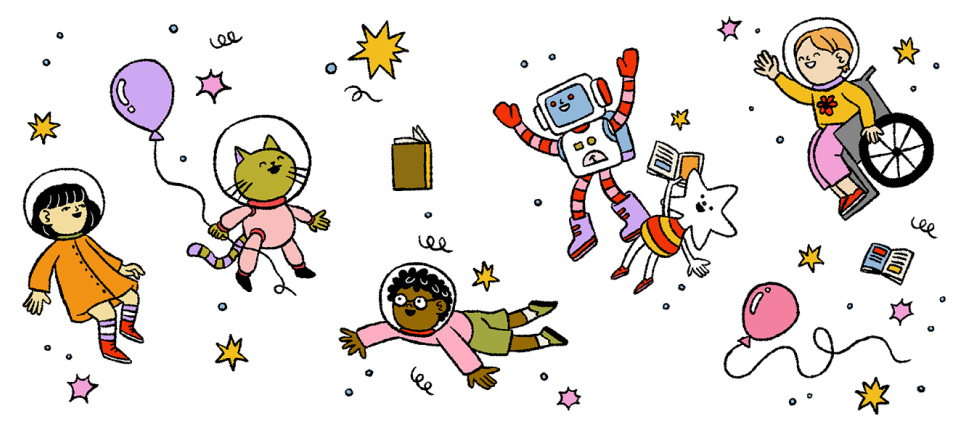 Des enfants et un robot flottant avec des livres, des étoiles et des ballons.