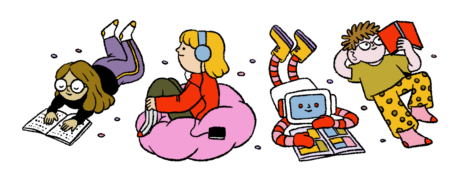 Personnages de dessins animés dans diverses poses de lecture, y compris un robot avec une tablette.