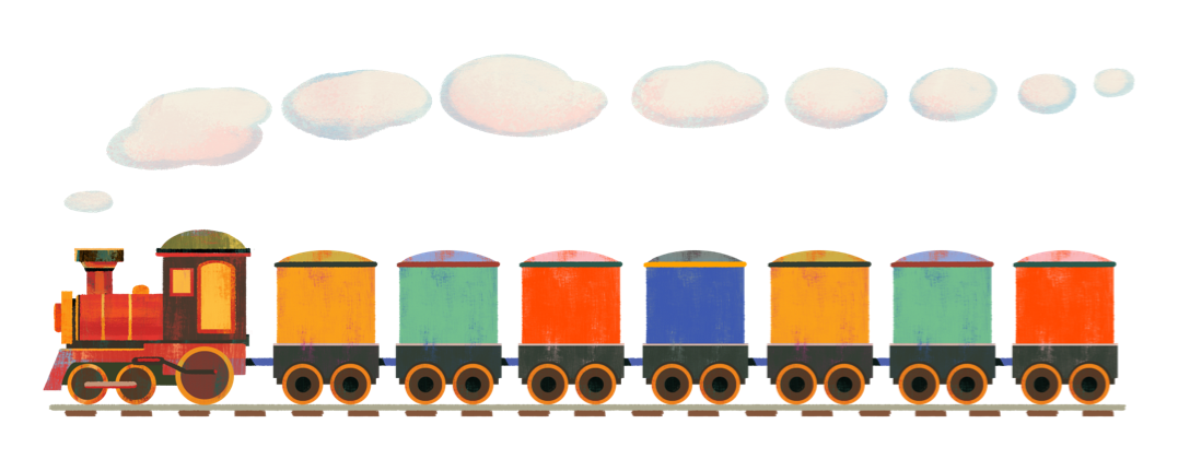 train avec plusieurs wagons colorés et de la fumée sortant d'une cheminée