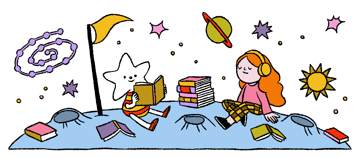 Une étoile et un dessin animé lisant des livres sur la lune avec des planètes dans le ciel.