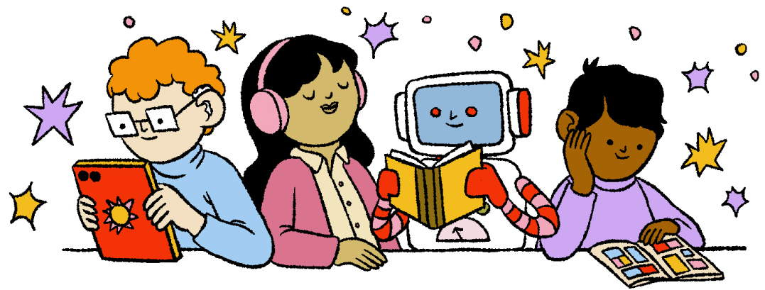 Trois enfants et un robot lisant des livres ensemble avec des étoiles autour d'eux.